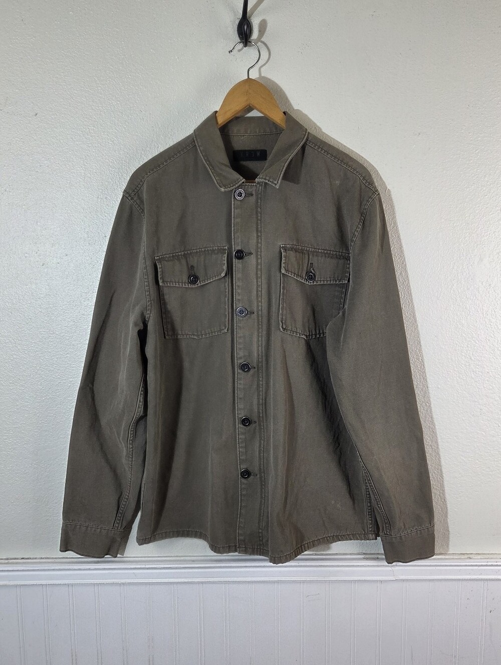 KR3W Mens Military Shacket Jacket Olive Green Button Zip Utility Cotton Large
